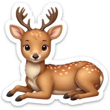 Cute beige deer lying down, legs folded, soft fur with lighter spots, big eyes, gentle smile, short antlers, simple cartoon style. sticker