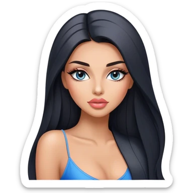Glamours, tanned, very beautiful girl, with big pump peach-beige-rose lips, long long lashes, black straight smooth silky long hair, straight parting hair, blue-grey eyes sticker