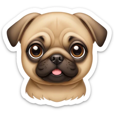 Cinematic Cute Fawn Pug Portrait Emoji, Head tilted playfully and inquisitively, featuring a smooth fawn coat with a subtle sheen, round, sparkling dark eyes filled with curiosity, Simplified yet irresistibly adorable features, highly detailed, glowing with a warm, friendly glow, high shine, affectionate and lively, stylized with a touch of whimsy, bright and endearing, soft glowing outline, capturing the essence of a mischievous yet loving pup, so playful it feels like it could bounce out of the screen and into your arms! sticker