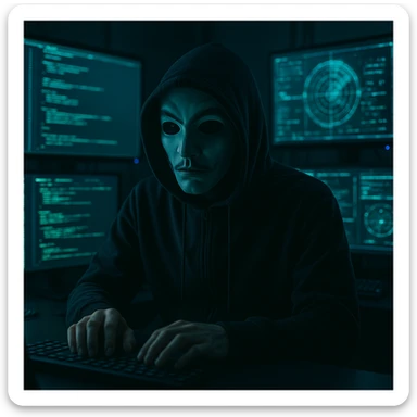 a masked hacker at a computer, glowing screens sticker