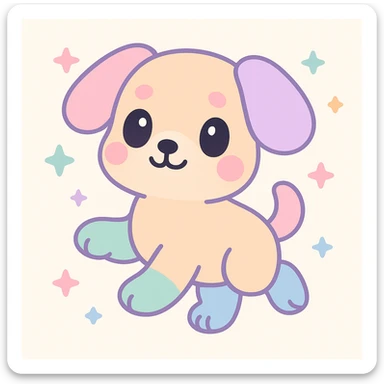 cachorro brincando, estilo delicado e colorido de Hikaru Kotz, traços suaves, cores vibrantes, expressão divertida, detalhes artísticos, fundo claro sticker