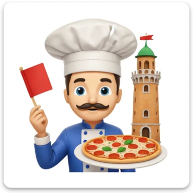 Surreal Sonic the Hedgehog as an Italian chef, chef’s hat, mustache, pizza and spaghetti, wild Italian-themed background with Pisa tower, flags, pasta, red-checkered patterns, vibrant and absurd, emoji style sticker