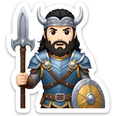 vikingo con armadura de Asgard, pelo negro ondulado, de pie, grito de guerra en torre de Asgard. sticker