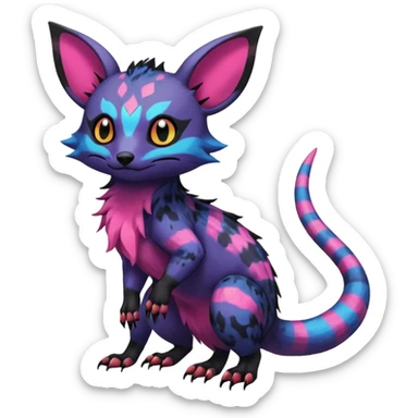 Rare exotic cute epic aesthetic gothic colorful Salandit-Noibat-Eevee-Civet-species-Fakemon-hybrid-creature, with markings, full body sticker