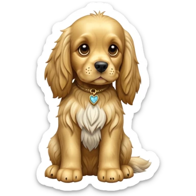 cinematic-[cocker spaniel dog]-realistic-full-body-sitting-emoji,-tail-resting-loosely-beside-its-paws,-head-tilted-dramatically,-scruffy-[solid gold]-fur,-simplified-yet-realistic-focused-features,-highly-detailed,-glowing-with-an-almost-sarcastic-glow sticker