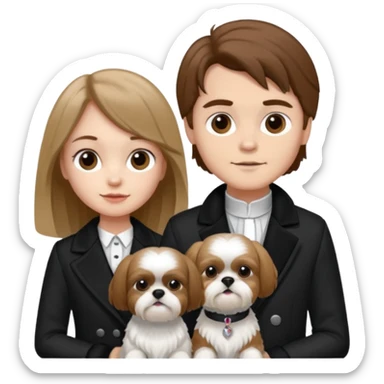 A couple boy with nice brown hair  and beautiful girl with long dark blond hair and with two shih tzu dogs with  black and white coat sticker