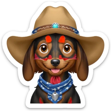 mostly black with some brown long hair daschund with a cowboy hat, ears curl out a bit and bandana and tongue slightly out sticker