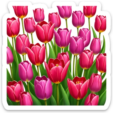 Tulips – Cinematic Realistic Tulips, depicted as a vibrant field of blooming tulips in brilliant hues, each delicate petal catching dewdrops under soft, natural spring light, rendered with detailed textures and a dreamy, picturesque glow. sticker