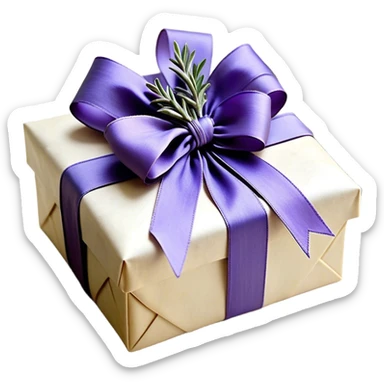 A weathered parchment-wrapped gift, secured with a lavender silk bow, lies nestled among dried sprigs of violet and indigo-hued lavender, their scent mingling with the faint trace of aged paper. A few stray ribbons, in shades of wisteria and dusk, cascade over the edges, whispering of quiet elegance and old-world charm.
 sticker