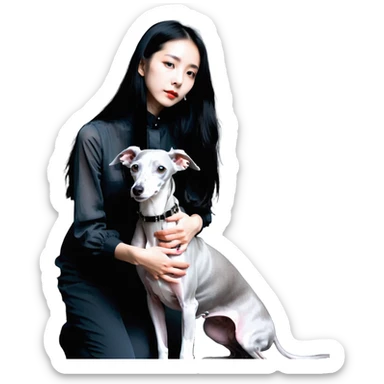 Slim Chinese girl with long black hair petting completely solid grey Italian greyhound with absolutely no white markings anywhere sticker