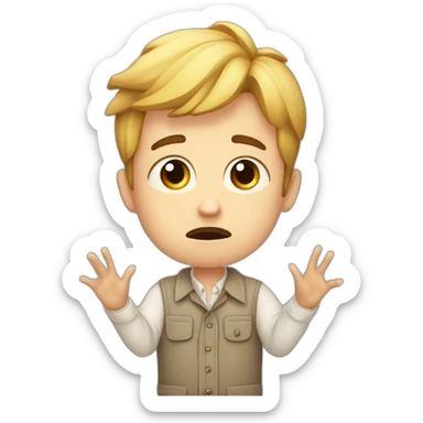 It was not me, I am innocent. Portrait of confused nervous little man raising palms up in surrender and staring sticker