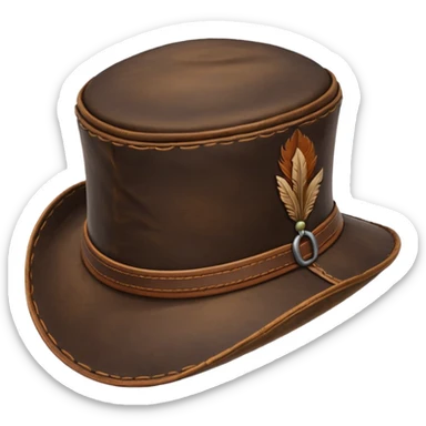 A large wide-brimmed 17th-century leather hat, made of dark brown aged leather. The brim is broad and slightly curved downward, designed to provide strong protection from sun and rain. sticker