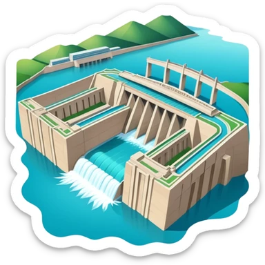 Yangtze River Three Gorges Dam massive structure, simplified emoji style with bold outlines and bright colors, cartoon style dam with water sticker