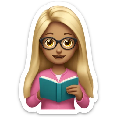 Girl with long blonde hair and glasses reading a pink book sticker