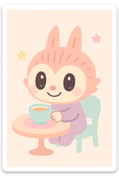 Labubu enjoying tea time, playful and charming, cute and whimsical style sticker