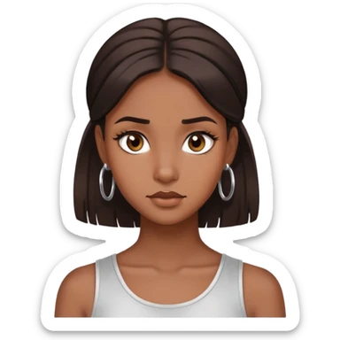 Could you make me a brown skin girl with dark brown medium length hair and dark brown eyes with silver hoop earrings with a normal face expression  sticker