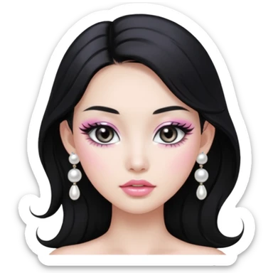 asian long voluminous black hair silver grey eyes glossy lips glittery white and light pink eyeshadow girl pearl earrings sticker