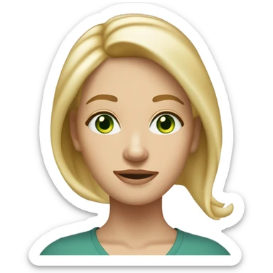 A tall slim mid length blonde haired woman with a central parting with bluey green eyes, a freckle on the right cheek and quite a round face sticker
