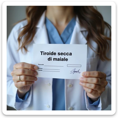 hyperrealistic 4K close-up of a woman's hands holding a medical prescription with the text 'Tiroide secca di maiale', visible doctor's stamp and signature, neutral background sticker