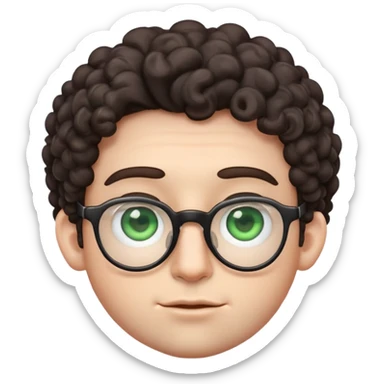 young male emoji with wide face, fuller lips, very poofy voluminous dark slightly curly hair, big ears, pale skin, glasses, green eyes set wider apart, very light stubble sticker