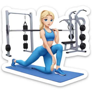 Blonde girl with blue eyes stretching in gym with leggings sticker