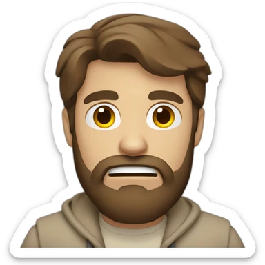 Man with brown hair with beard with beige clothes with angry face sticker