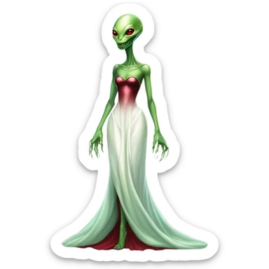 reptilian green alien woman, in long slim pastel color:#FFFFFF formal party satin dress with gradient shiny sparkling dark red, full figure, full body sticker