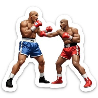 An intense boxing match between Mike Tyson and Evander Holyfield in the ring. Tyson is delivering a powerful uppercut, while Holyfield is poised for a counterattack. The background features a packed arena with bright lights and electrifying atmosphere. Transparent background sticker