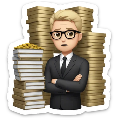 Create an emoji-style character of a sad business owner with black rectangular glasses and a light stubble (afternoon shadow beard, not a full beard). He looks frustrated and disappointed as he hands over a massive stack of work (papers, laptop, or files) in exchange for a tiny coin. His posture is slouched, and his facial expression conveys exhaustion and regret. The style should be simple, expressive, and instantly recognizable as an emoji. sticker