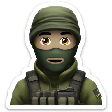 white male, pale skin, call of duty dark mask, green camo tactical gear, combat boots, black beanie, hazel eyes sticker