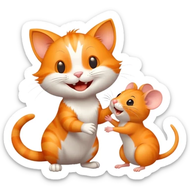 Joyful cat being greeted by a mouse friend with a wave sticker