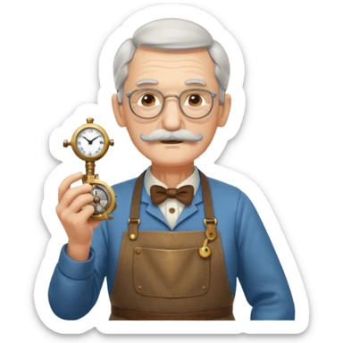 A gentle elderly inventor with tidy mustache, apron, and miniature clockwork device.
 sticker