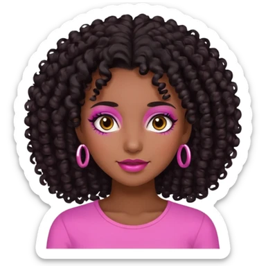 emoji of a young woman with dark brown skin, abundant curly black hair, brown eyes, pink-toned makeup, friendly expression sticker