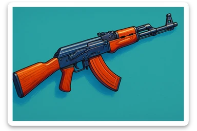 Сгенерируй мне АК 47 в чуть рисованном стиле, ярко объемно и красочно! на однородном фоне sticker