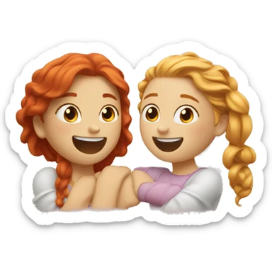 Two girls, one is redhead, the other is blonde, they hug and laugh sticker