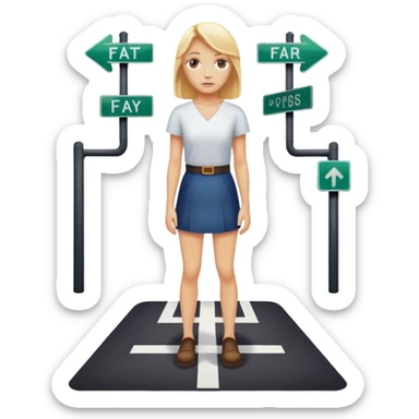 back of blonde woman stands In front at a crossroads between two paths—one illuminated, the other in shadow... scary and sunlight ... sticker