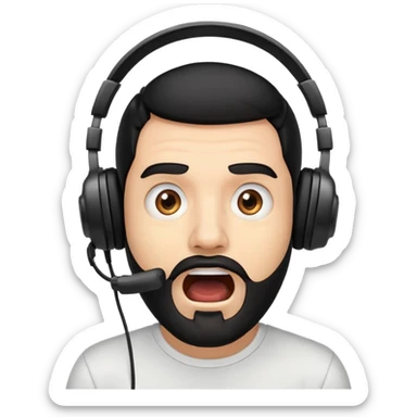 Very shocked man with wide eyes, open mouth, black hair, brown eyes, black beard wearing a gaming headset sticker