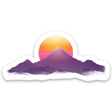 Create an emoji featuring a peaceful sunset over mountains. Use warm gradient tones of orange, pink, and purple in the sky, with soft, rounded mountain silhouettes in earthy green and brown. Add small sparkles or stars to enhance the serene atmosphere. sticker