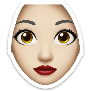 long straight black hair, red lipstick, black eyes, white skin and a small nose sticker