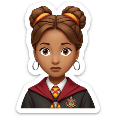 Angelina Johnson in harry potter, wear hogwarts gryfindor uniform,  thick, brown knot bun hair , reflecting her bold, stylish, and strong personality sticker