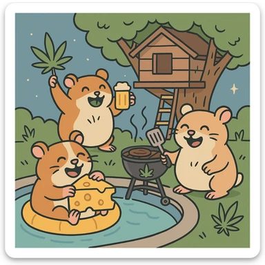 Discord server icon, square format, summer pool cookout scene with up to 3 hamsters, weed leaves, cheese, and THC theme, near a treehouse, possibly in space, flat toon style, soft but colorful, bold outlines, nostalgic, fun, inviting, summer party vibe, clear composition, less vibrant colors sticker