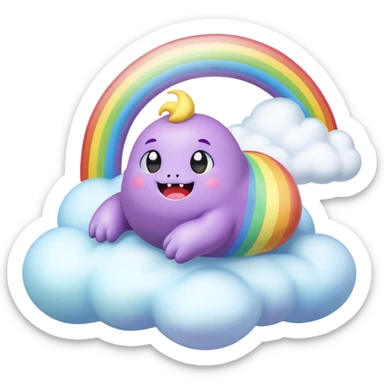 3D, Kawaii derpy fat rainbow monster laying on a magic rainbow cloud, rich textures, visually detailed, so lifelike that it feels like it could leap off the page at any moment sticker