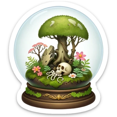 Mystical woodland glass-dome-terrarium-globe with moss inside, with bones inside, and flowers inside  sticker