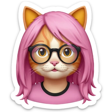 Orange Yellow cat wearing a long pink hair wig, black circle glasses, white T-shirt sticker