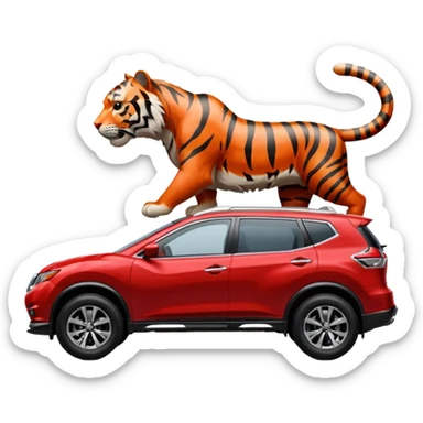 Side view of Tiger driving a RED NISSAN ROGUE SUV sticker