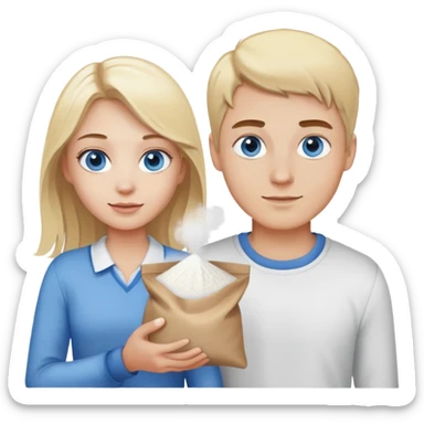 Blonde guy with blue eyes and blonde girl with brown eyes holding a bag of white powder sticker