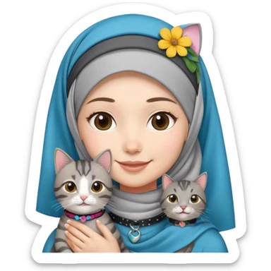 Asian White girl wearing flower headscarf (hijab)  holding a black grey tabby cat while smiling.  The cat is wearing a blue collar sticker