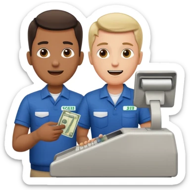 Supermarket employee at a cash register, full body, serving a man surprised sticker