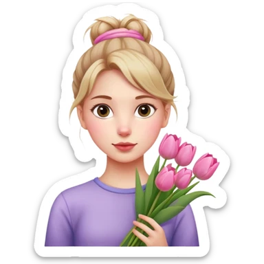 A girl with a messy bun, holding a bunch of pink tulips. sticker