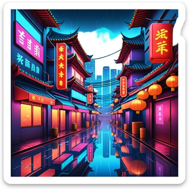 Cyberpunk China town in the city at night, neon lights, rain reflections, cinematic atmosphere, ultra-detailed futuristic environment, still life. 4k, dpi 300 sticker